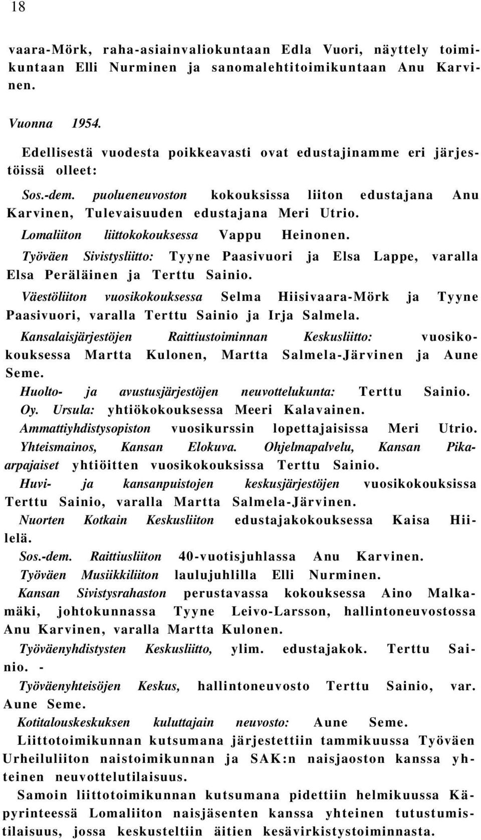 Lomaliiton liittokokouksessa Vappu Heinonen. Työväen Sivistysliitto: Tyyne Paasivuori ja Elsa Lappe, varalla Elsa Peräläinen ja Terttu Sainio.