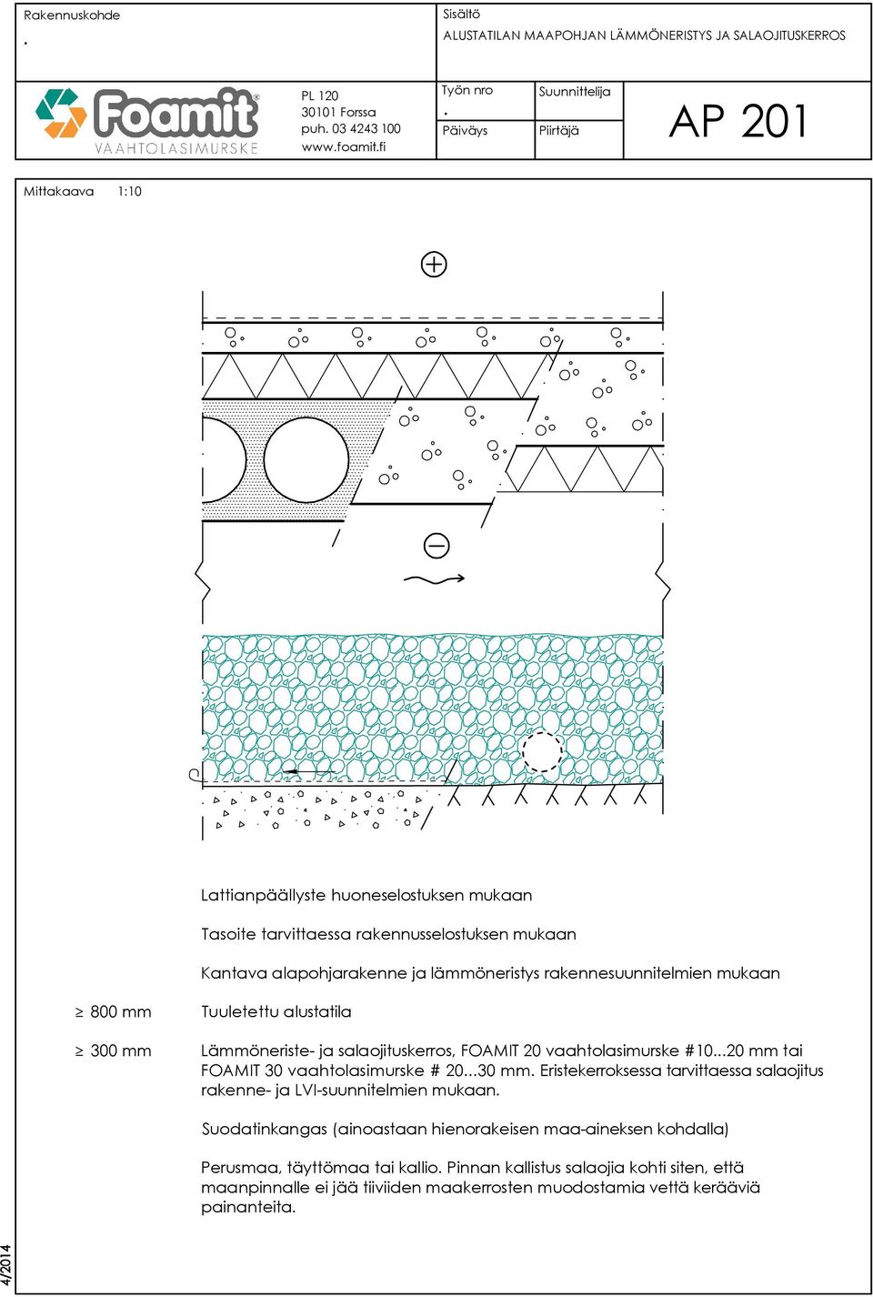 #1020 mm tai FOAMIT 30 vaahtolasimurske # 2030 mm Eristekerroksessa tarvittaessa salaojitus rakenne- ja LVI-suunnitelmien mukaan Suodatinkangas (ainoastaan