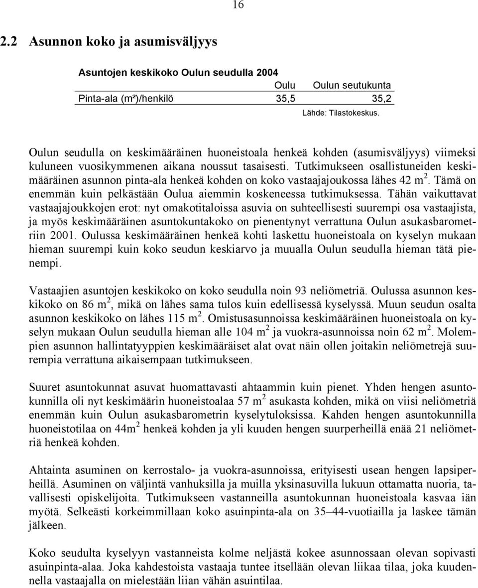 Tutkimukseen osallistuneiden keskimääräinen asunnon pinta-ala henkeä kohden on koko vastaajajoukossa lähes 42 m 2. Tämä on enemmän kuin pelkästään a aiemmin koskeneessa tutkimuksessa.