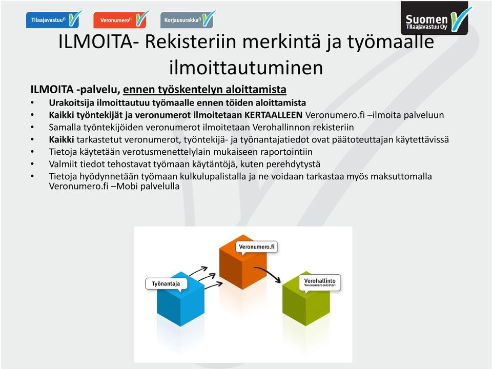 fi ilmoita palveluun Samalla työntekijöiden veronumerot ilmoitetaan Verohallinnon rekisteriin Kaikki tarkastetut veronumerot, työntekijä ja työnantajatiedot ovat