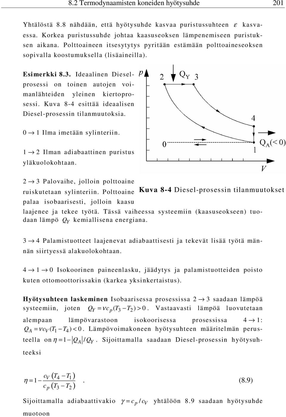 Kuva 8-4 esittää ideaalisen Diesel-prosessin tilanmuutoksia. 0 1 Ilma imetään sylinteriin. 1 2 Ilman adiabaattinen puristus yläkuolokohtaan. 2 3 Palovaihe, jolloin polttoaine ruiskutetaan sylinteriin.