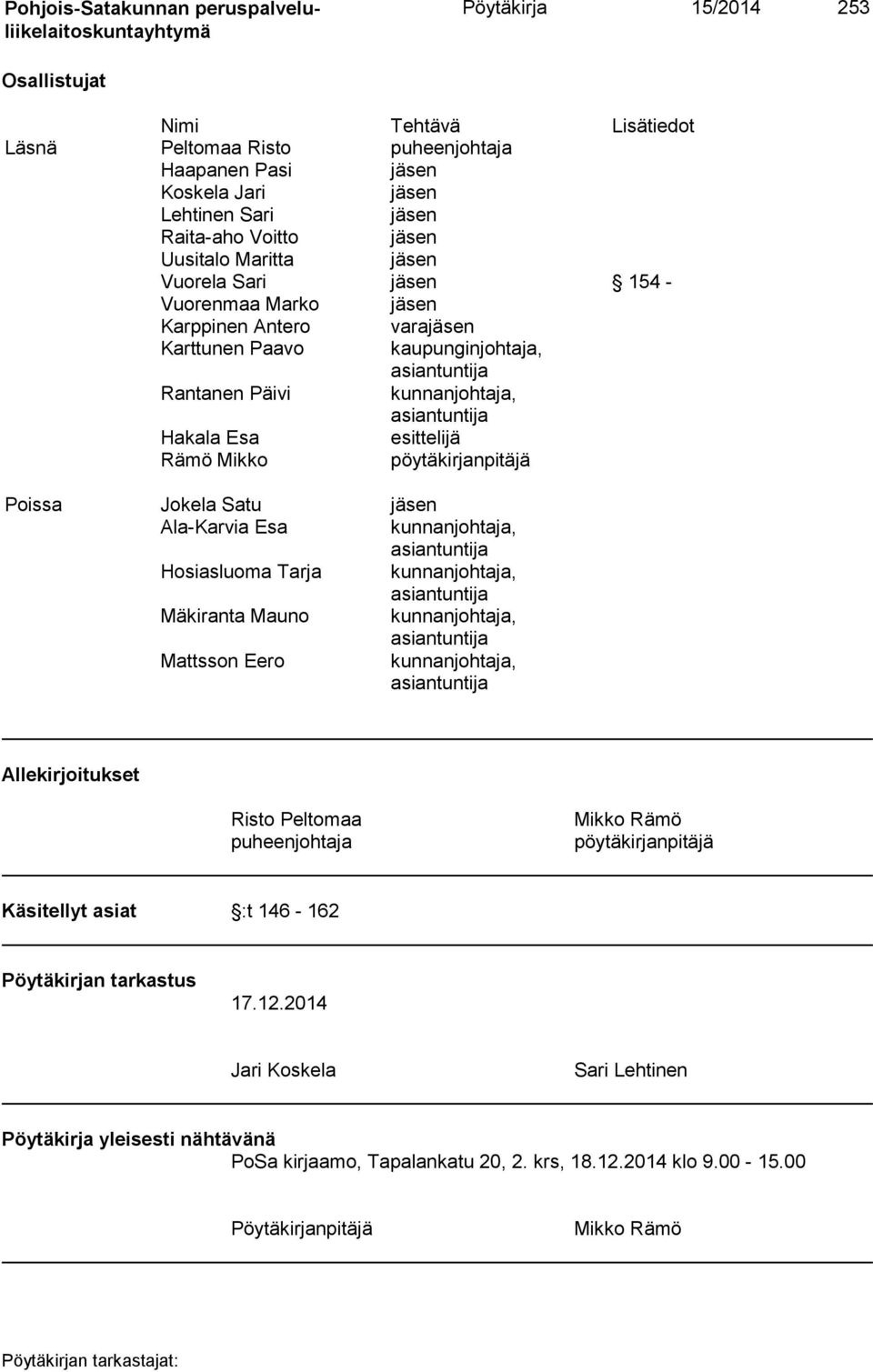 pöytäkirjanpitäjä Poissa Jokela Satu jäsen Ala-Karvia Esa kunnanjohtaja, asiantuntija Hosiasluoma Tarja kunnanjohtaja, asiantuntija Mäkiranta Mauno kunnanjohtaja, asiantuntija Mattsson Eero