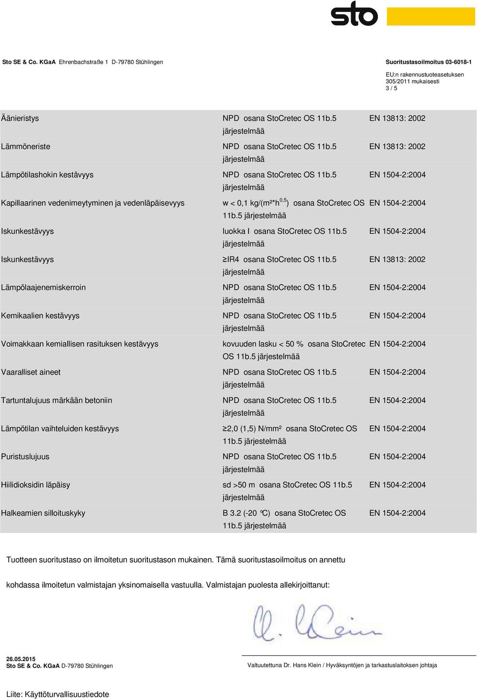 5 Lämpölaajenemiskerroin NPD osana StoCretec OS 11b.5 Kemikaalien kestävyys NPD osana StoCretec OS 11b.5 Voimakkaan kemiallisen rasituksen kestävyys kovuuden lasku < 50 % osana StoCretec OS 11b.