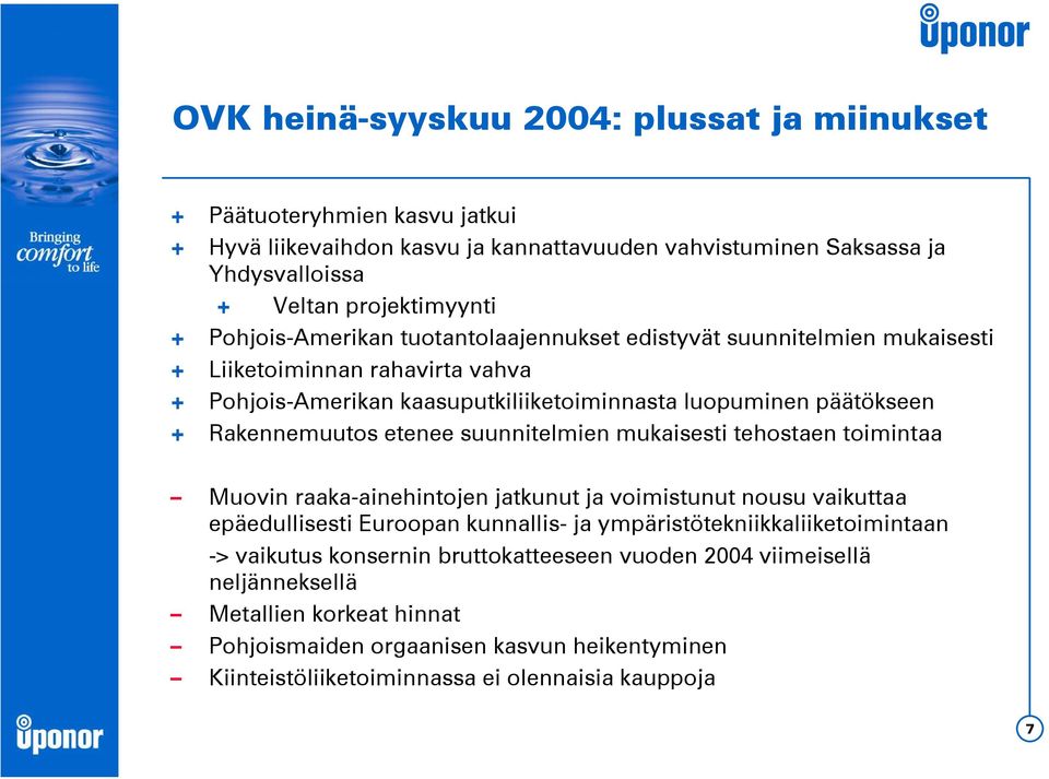 etenee suunnitelmien mukaisesti tehostaen toimintaa Muovin raaka-ainehintojen jatkunut ja voimistunut nousu vaikuttaa epäedullisesti Euroopan kunnallis- ja ympäristötekniikkaliiketoimintaan