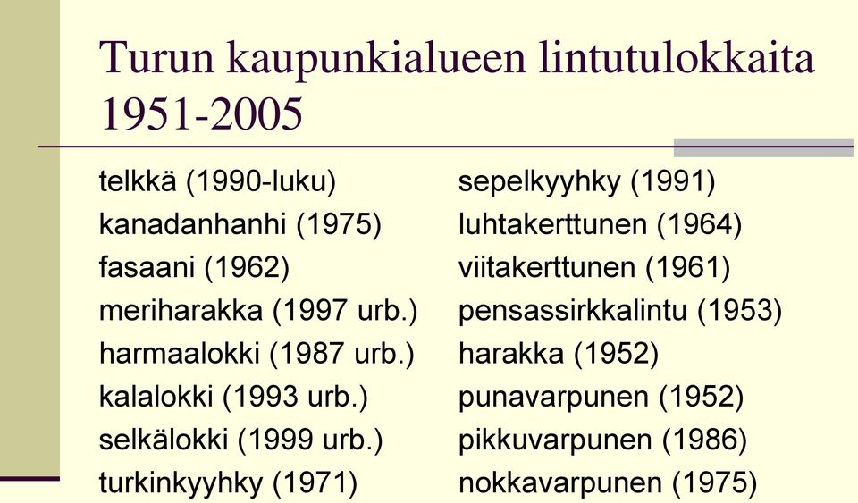 (1997 urb.) pensassirkkalintu (1953) harmaalokki (1987 urb.