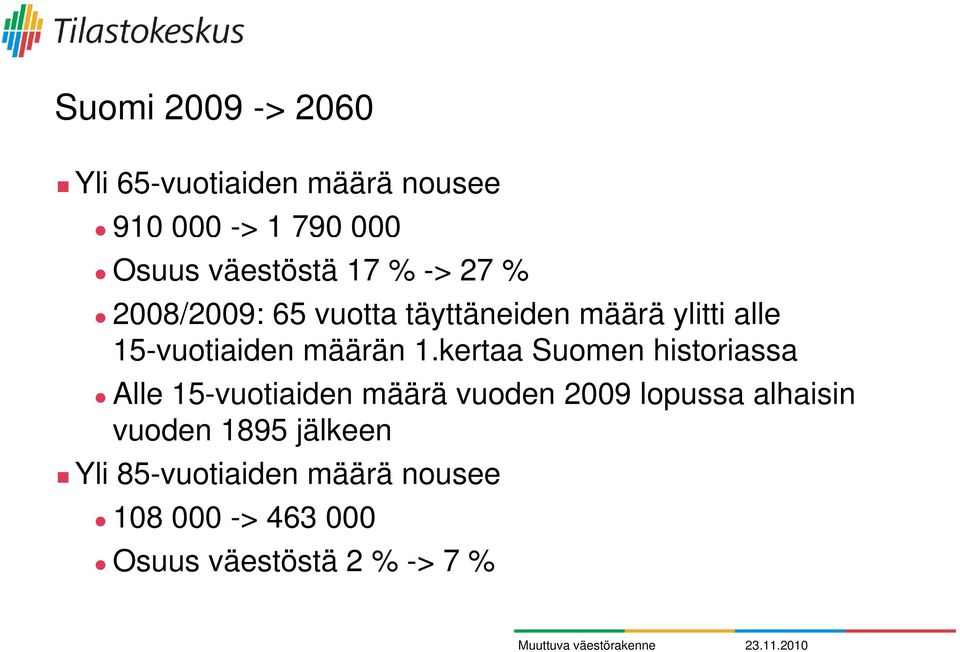 kertaa Suomen historiassa Alle 15-vuotiaiden määrä vuoden 2009 lopussa alhaisin vuoden