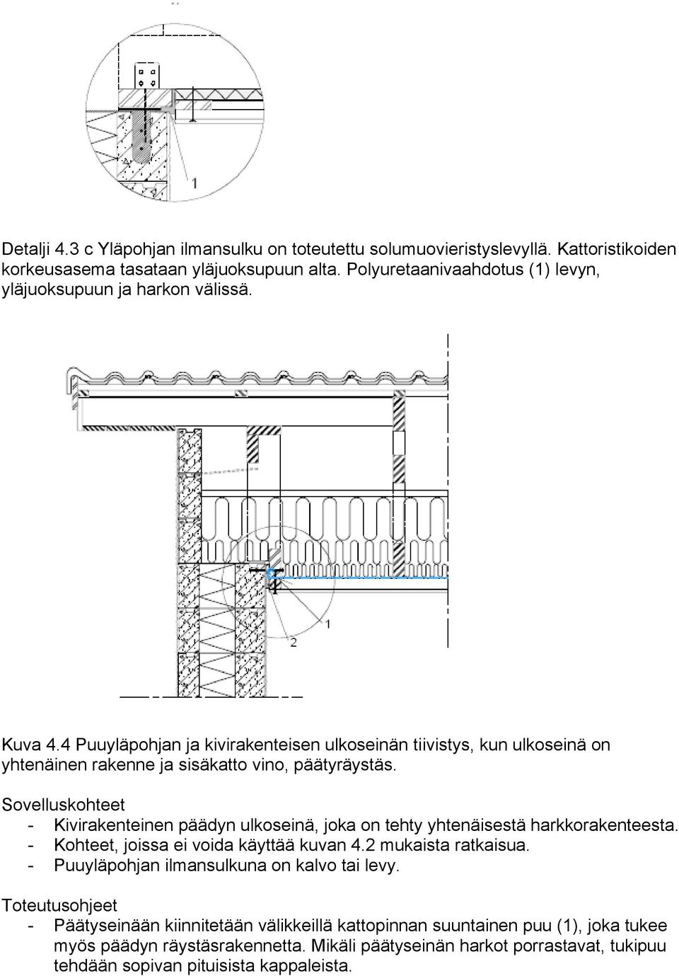 4 Puuyläpohjan ja kivirakenteisen ulkoseinän tiivistys, kun ulkoseinä on yhtenäinen rakenne ja sisäkatto vino, päätyräystäs.