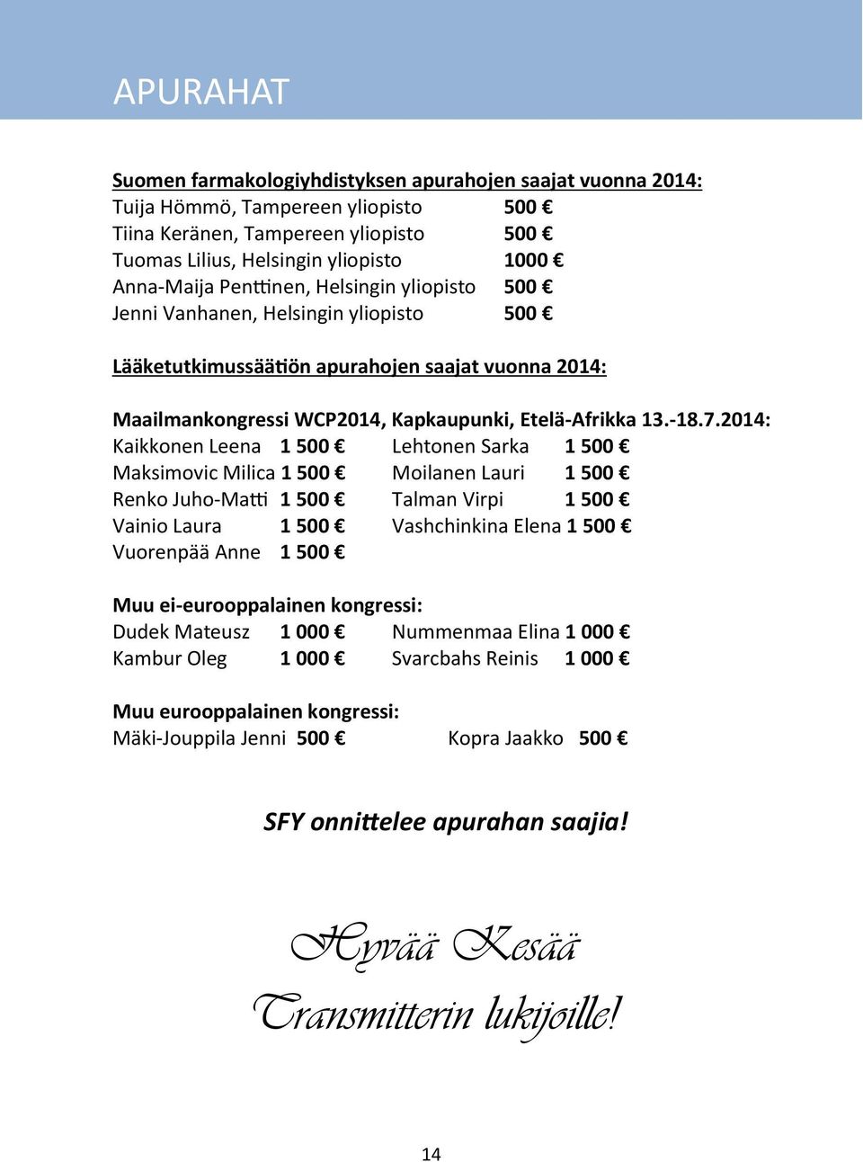 2014: Kaikkonen Leena 1 500 Lehtonen Sarka 1 500 Maksimovic Milica 1 500 Moilanen Lauri 1 500 Renko Juho-Matti 1 500 Talman Virpi 1 500 Vainio Laura 1 500 Vashchinkina Elena 1 500 Vuorenpää Anne 1