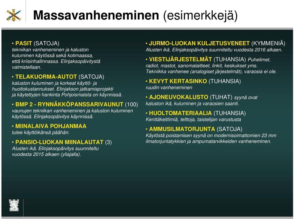 BMP 2 - RYNNÄKKÖPANSSARIVAUNUT (100) vaunujen tekniikan vanheneminen ja kaluston kuluminen käytössä. Elinjaksopäivitys käynnissä. MIINALAIVA POHJANMAA tulee käyttöikänsä päähän.