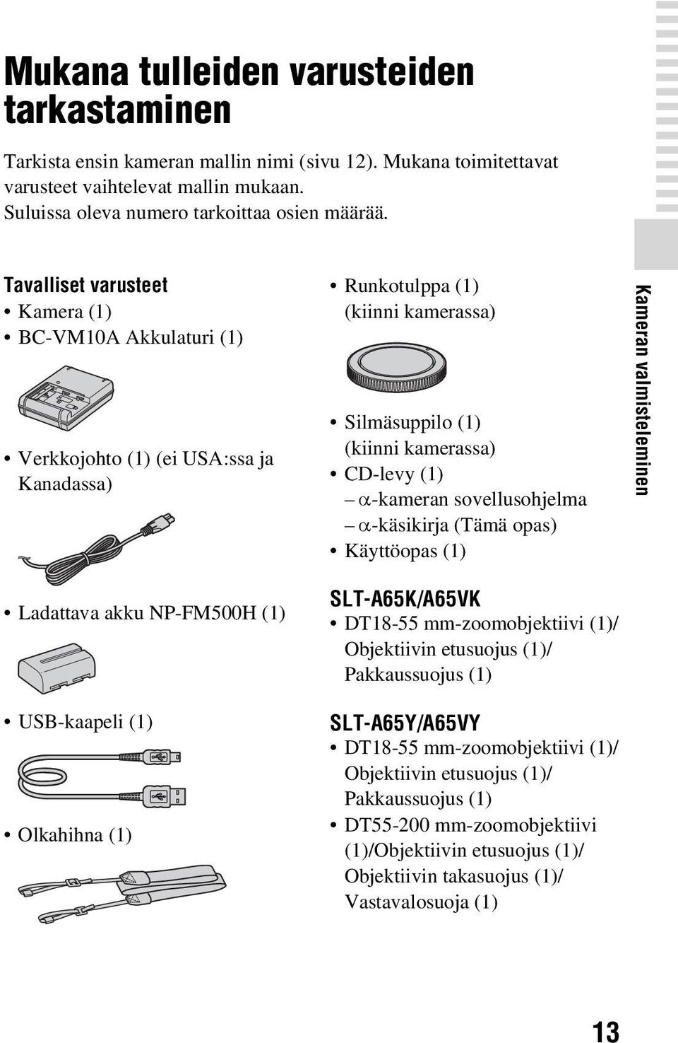 Tavalliset varusteet Kamera (1) BC-VM10A Akkulaturi (1) Verkkojohto (1) (ei USA:ssa ja Kanadassa) Runkotulppa (1) (kiinni kamerassa) Silmäsuppilo (1) (kiinni kamerassa) CD-levy (1) α-kameran