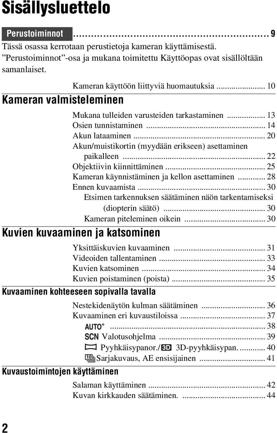 .. 20 Akun/muistikortin (myydään erikseen) asettaminen paikalleen... 22 Objektiivin kiinnittäminen... 25 Kameran käynnistäminen ja kellon asettaminen... 28 Ennen kuvaamista.