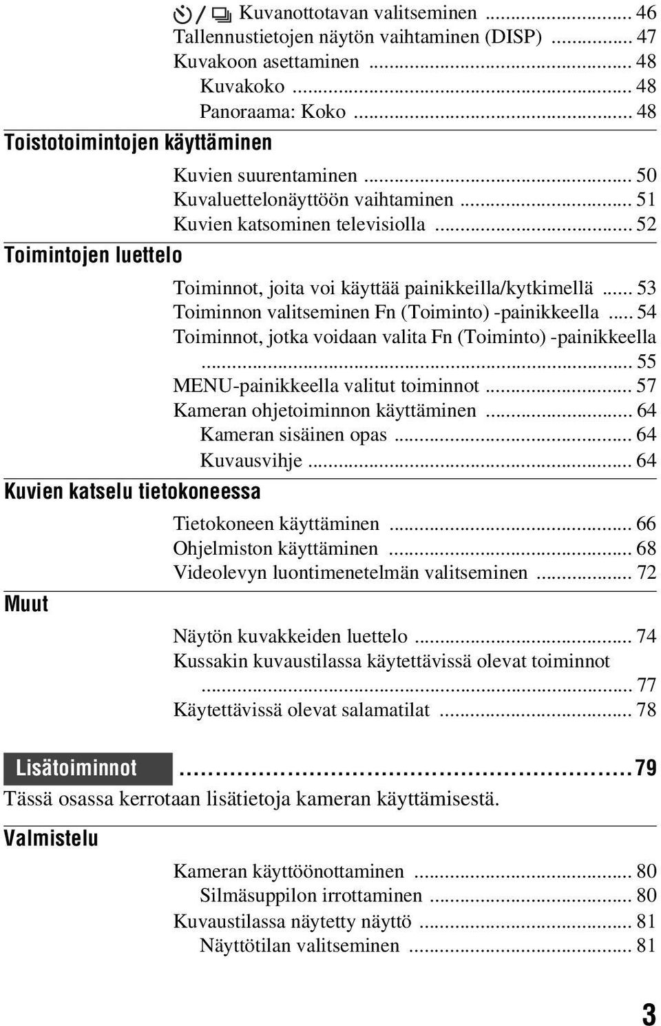 .. 53 Toiminnon valitseminen Fn (Toiminto) -painikkeella... 54 Toiminnot, jotka voidaan valita Fn (Toiminto) -painikkeella... 55 MENU-painikkeella valitut toiminnot.
