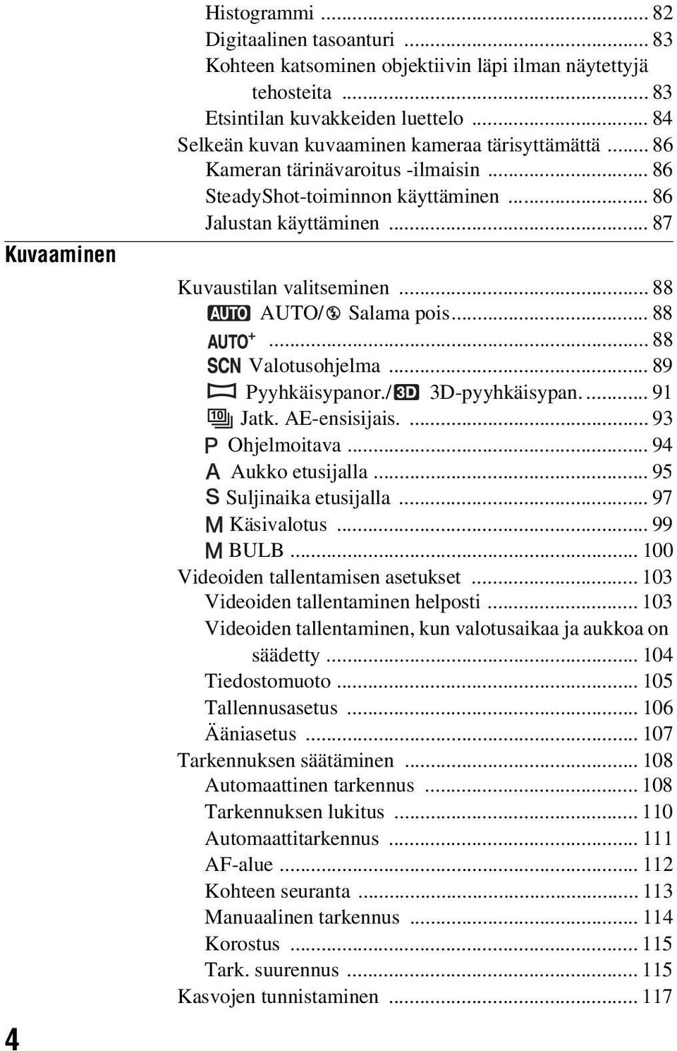 .. 88 AUTO/ Salama pois... 88... 88 Valotusohjelma... 89 Pyyhkäisypanor./ 3D-pyyhkäisypan.... 91 Jatk. AE-ensisijais.... 93 Ohjelmoitava... 94 Aukko etusijalla... 95 Suljinaika etusijalla.