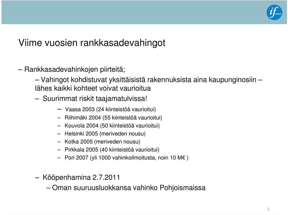 Vaasa 2003 (24 kiinteistöä vaurioitui) Riihimäki 2004 (55 kiinteistöä vaurioitui) Kouvola 2004 (50 kiinteistöä vaurioitui) Helsinki 2005
