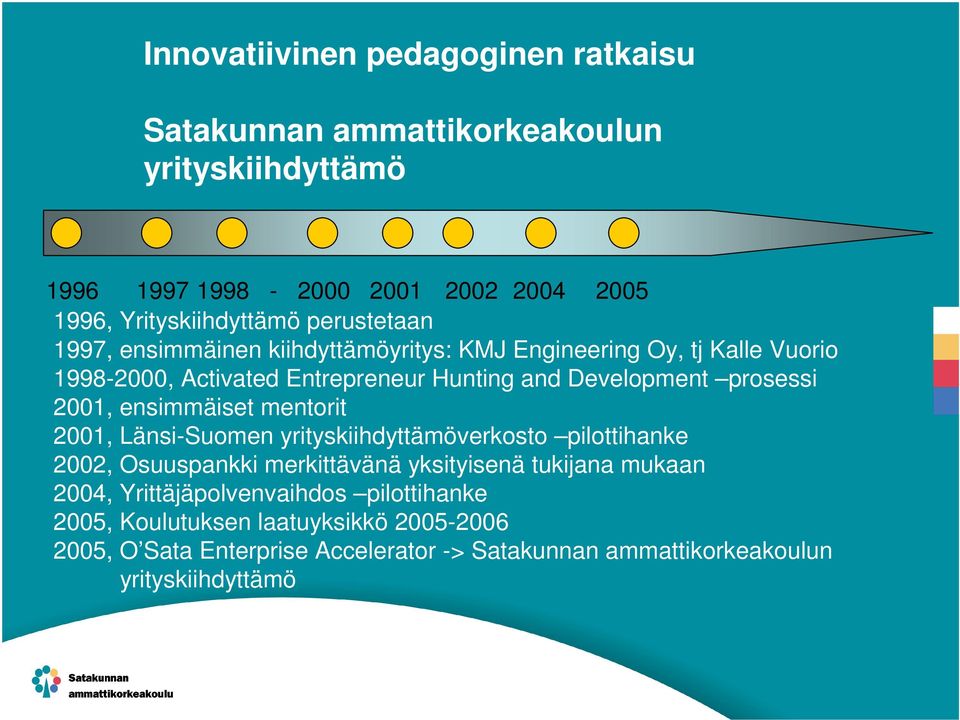 2001, ensimmäiset mentorit 2001, Länsi-Suomen yrityskiihdyttämöverkosto pilottihanke 2002, Osuuspankki merkittävänä yksityisenä tukijana mukaan 2004,