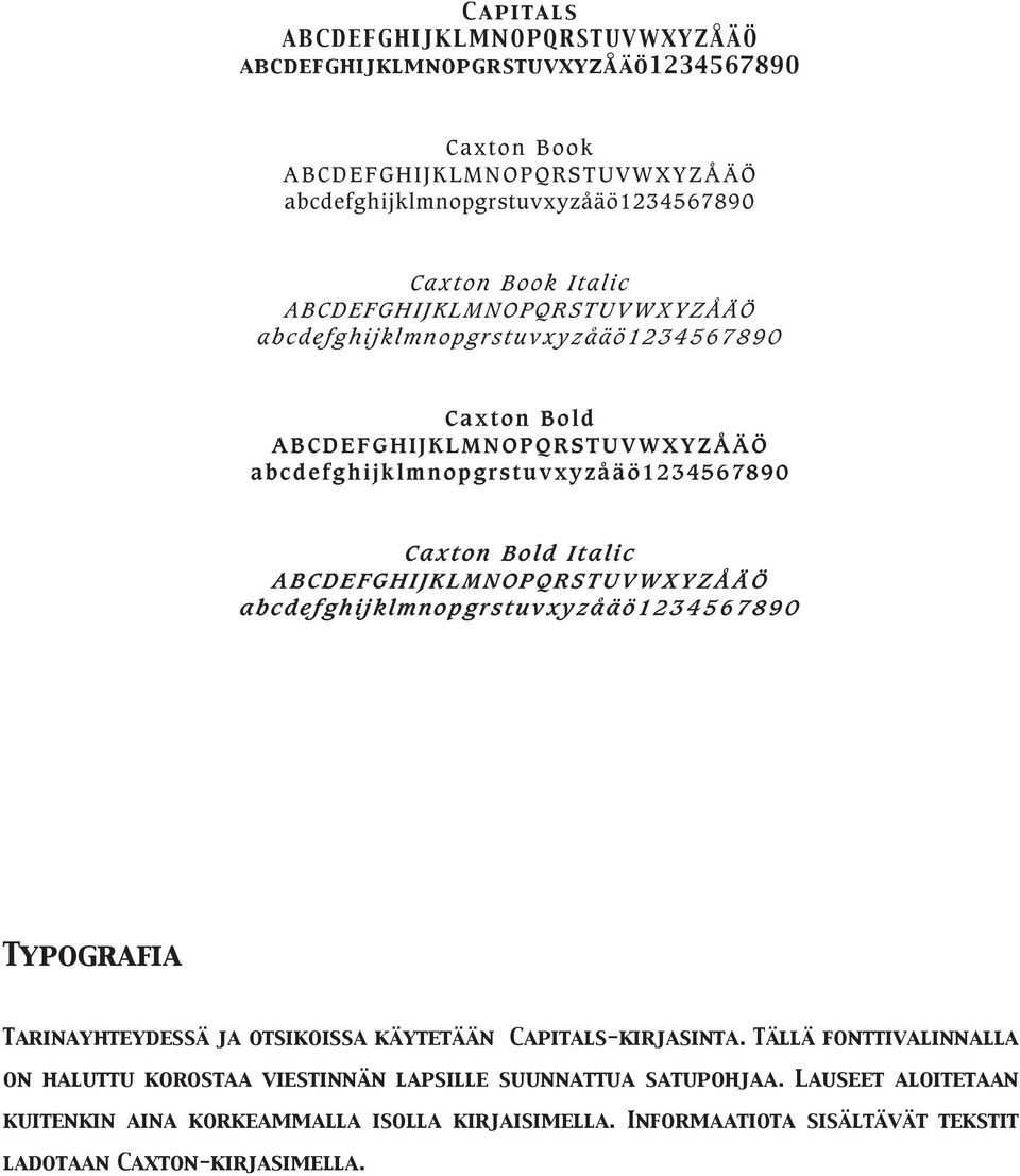 ABCDEFGHIJKLMNOPQRSTUVWXYZÅÄÖ abcdefghijklmnopgrstuvxyzåäö1234567890 Typografia Tarinayhteydessä ja otsikoissa käytetään Capitals-kirjasinta.