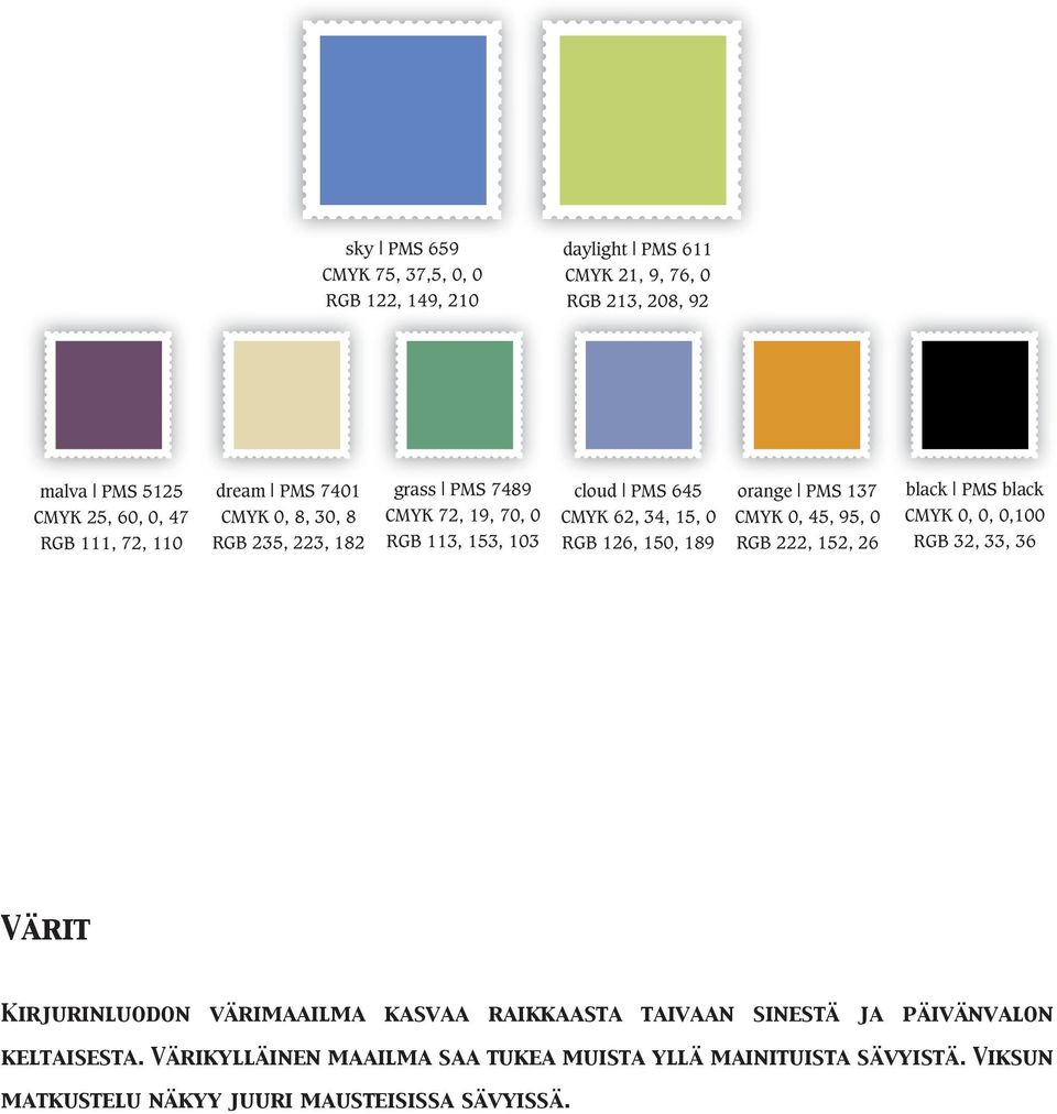 orange PMS 137 CMYK 0, 45, 95, 0 RGB 222, 152, 26 black PMS black CMYK 0, 0, 0,100 RGB 32, 33, 36 Värit Kirjurinluodon värimaailma kasvaa raikkaasta