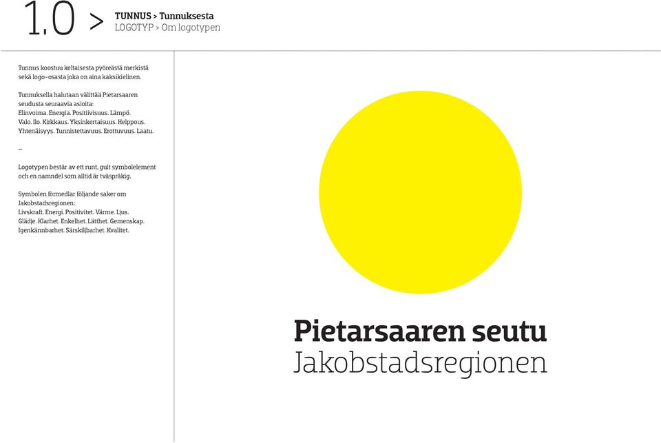 Helppous. Yhtenäisyys. Tunnistettavuus. Erottuvuus. Laatu. Logotypen består av ett runt, gult symbolelement och en namndel som alltid är tvåspråkig.