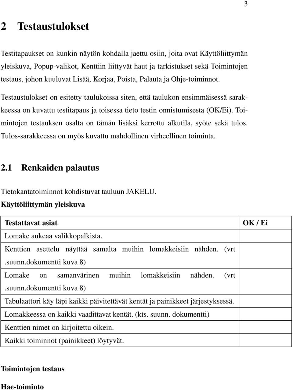 Testaustulokset on esitetty taulukoissa siten, että taulukon ensimmäisessä sarakkeessa on kuvattu testitapaus ja toisessa tieto testin onnistumisesta (/Ei).