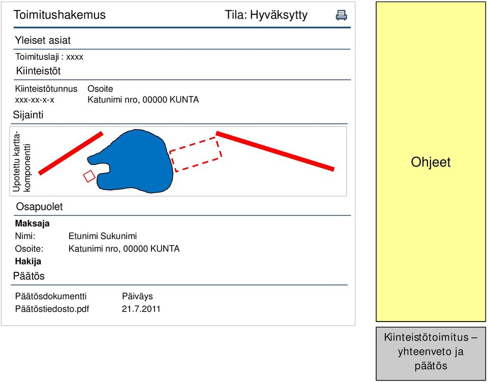 karttakomponentti Osapuolet Maksaja Nimi: Osoite: Hakija Päätös Etunimi Sukunimi Katunimi