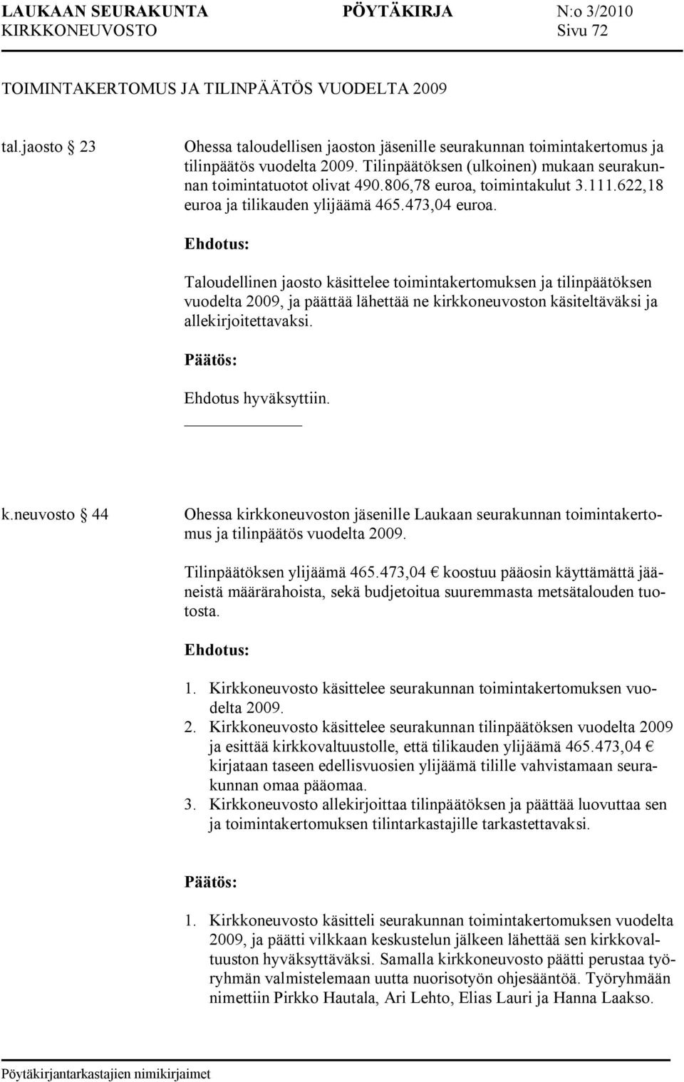 Taloudellinen jaosto käsittelee toimintakertomuksen ja tilinpäätöksen vuodelta 2009, ja päättää lähettää ne kirkkoneuvoston käsiteltäväksi ja allekirjoitettavaksi. Ehdotus hyväksyttiin. k.neuvosto 44 Ohessa kirkkoneuvoston jäsenille Laukaan seurakunnan toimintakertomus ja tilinpäätös vuodelta 2009.