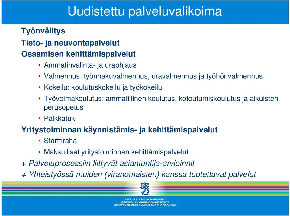 kotoutumiskoulutus ja aikuisten perusopetus Palkkatuki Yritystoiminnan käynnistämis- ja kehittämispalvelut Starttiraha Maksulliset