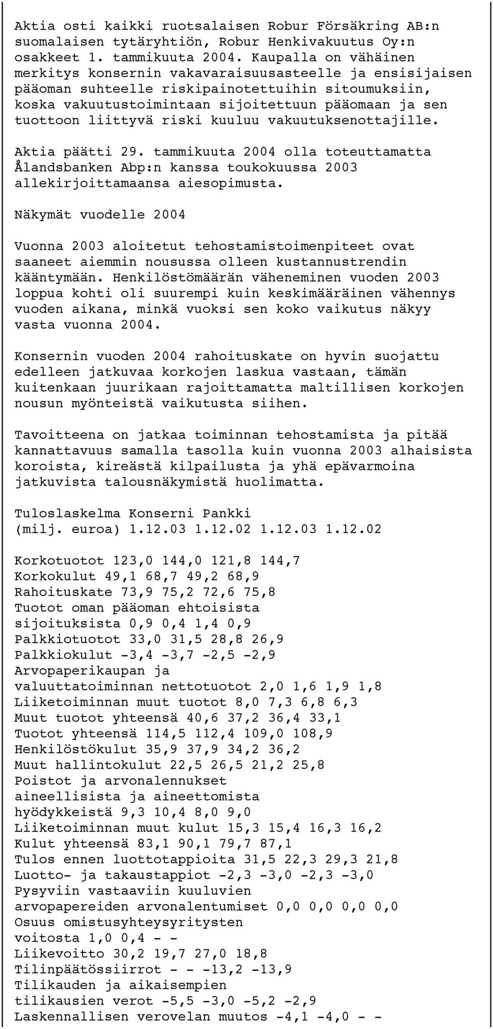 liittyvä riski kuuluu vakuutuksenottajille. Aktia päätti 29. tammikuuta 2004 olla toteuttamatta Ålandsbanken Abp:n kanssa toukokuussa 2003 allekirjoittamaansa aiesopimusta.