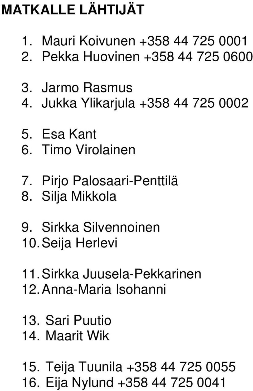 Pirjo Palosaari-Penttilä 8. Silja Mikkola 9. Sirkka Silvennoinen 10. Seija Herlevi 11.