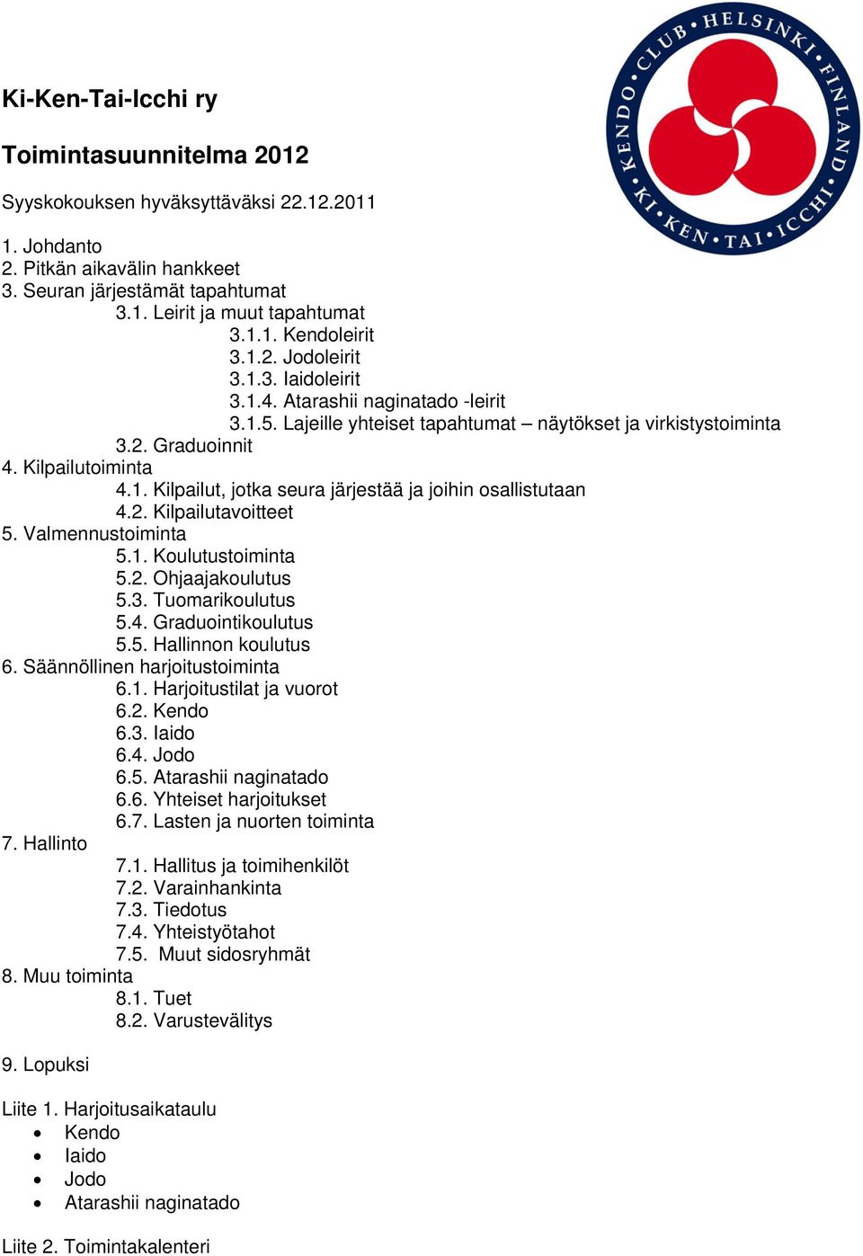 2. Kilpailutavoitteet 5. Valmennustoiminta 5.1. Koulutustoiminta 5.2. Ohjaajakoulutus 5.3. Tuomarikoulutus 5.4. Graduointikoulutus 5.5. Hallinnon koulutus 6. Säännöllinen harjoitustoiminta 6.1. Harjoitustilat ja vuorot 6.