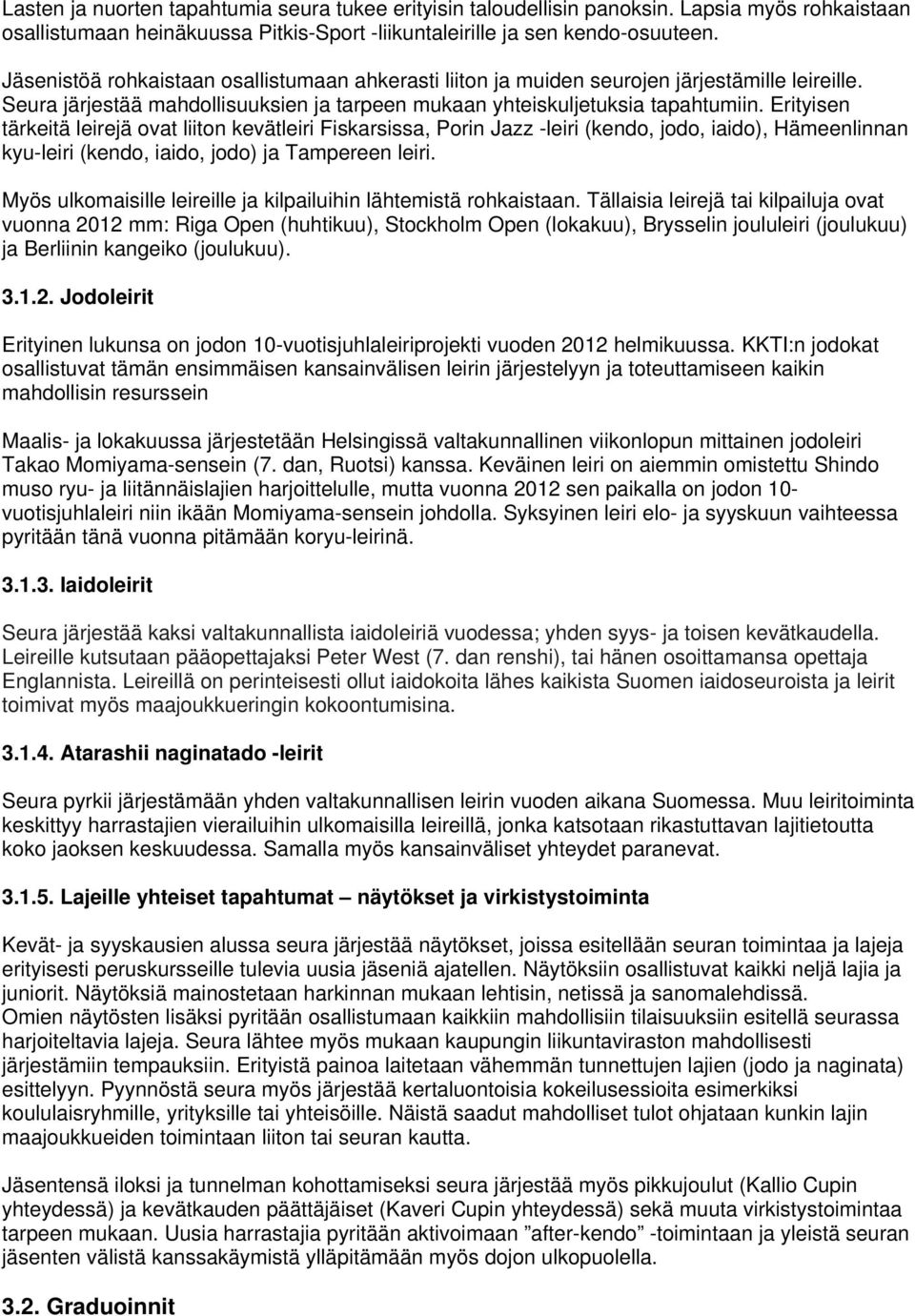 Erityisen tärkeitä leirejä ovat liiton kevätleiri Fiskarsissa, Porin Jazz -leiri (kendo, jodo, iaido), Hämeenlinnan kyu-leiri (kendo, iaido, jodo) ja Tampereen leiri.