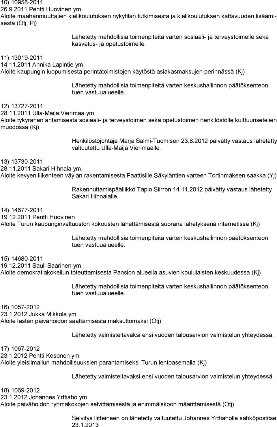 kasvatus- ja opetustoimelle. 11) 13019-2011 14.11.2011 Annika Lapintie ym. Aloite kaupungin luopumisesta perintätoimistojen käytöstä asiakasmaksujen perinnässä (Kj) tuen vastuualueelle.