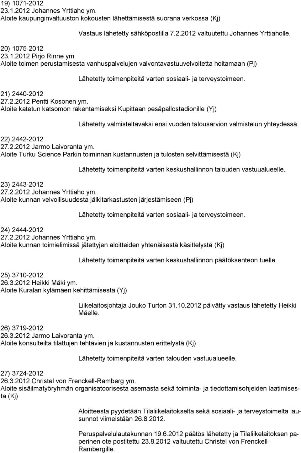 21) 2440-2012 27.2.2012 Pentti Kosonen ym. Aloite katetun katsomon rakentamiseksi Kupittaan pesäpallostadionille (Yj) Lähetetty valmisteltavaksi ensi vuoden talousarvion valmistelun yhteydessä.
