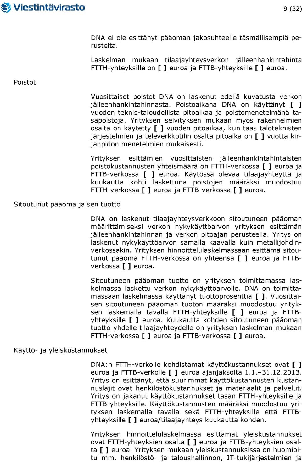 Poistoaikana DNA on käyttänyt [ ] vuoden teknis-taloudellista pitoaikaa ja poistomenetelmänä tasapoistoja.