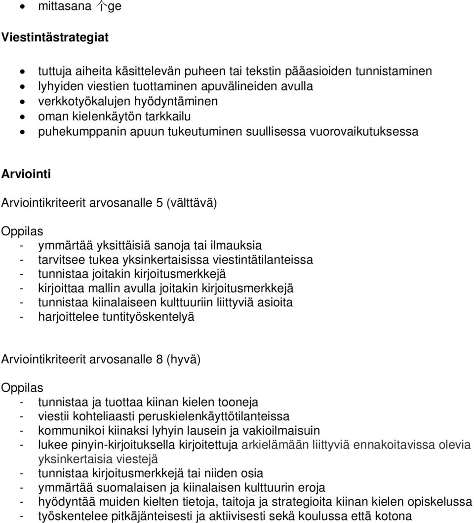 tukea yksinkertaisissa viestintätilanteissa - tunnistaa joitakin kirjoitusmerkkejä - kirjoittaa mallin avulla joitakin kirjoitusmerkkejä - tunnistaa kiinalaiseen kulttuuriin liittyviä asioita -