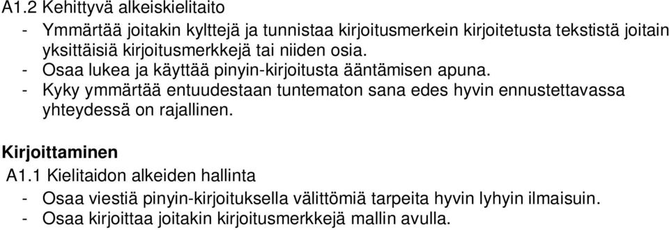 - Kyky ymmärtää entuudestaan tuntematon sana edes hyvin ennustettavassa yhteydessä on rajallinen. Kirjoittaminen A1.