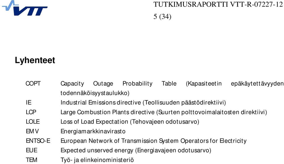 polttovoimalaitosten direktiivi) LOLE Loss of Load Expectation (Tehovajeen odotusarvo) EMV Energiamarkkinavirasto ENTSO-E