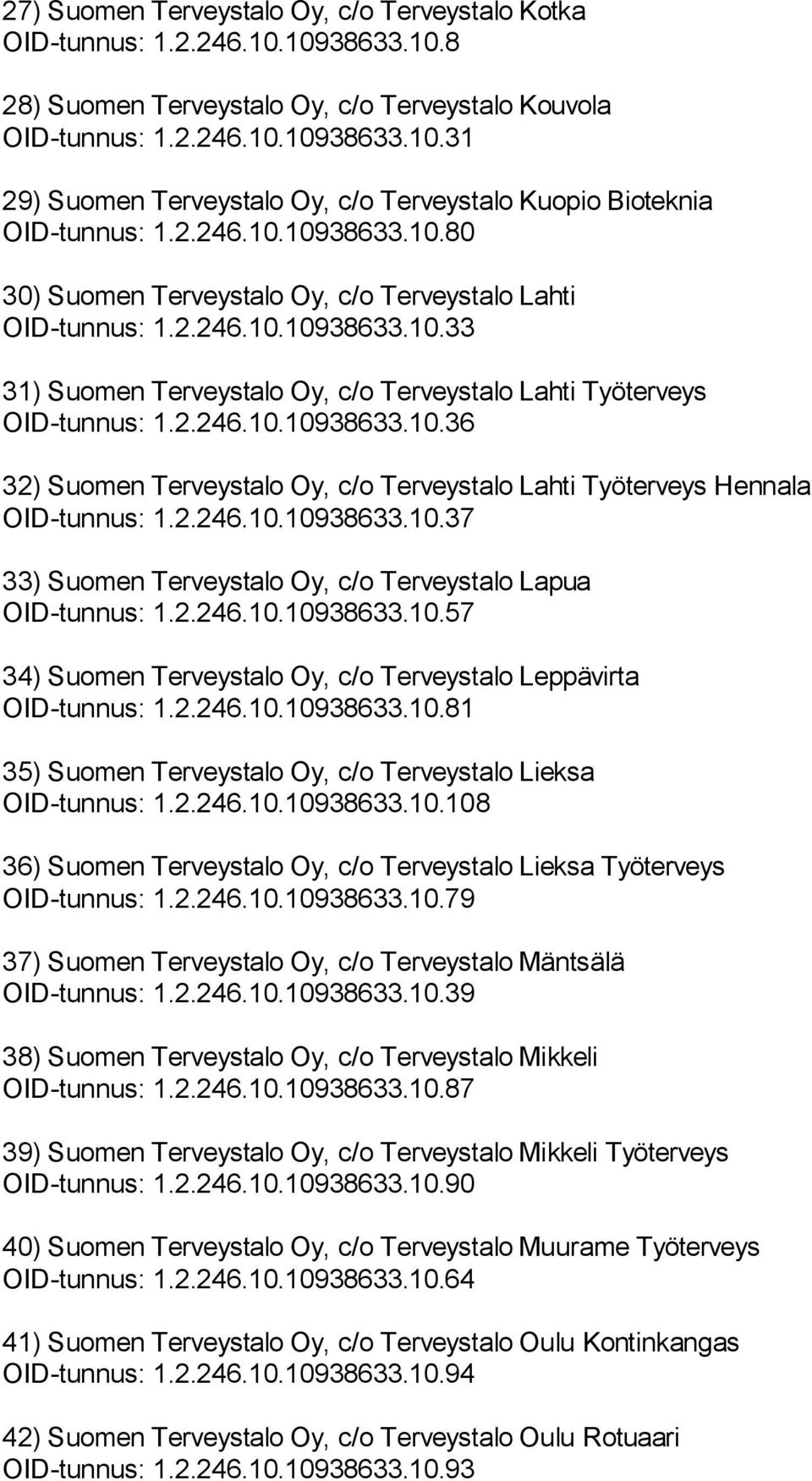 2.246.10.10938633.10.37 33) Suomen Terveystalo Oy, c/o Terveystalo Lapua OID-tunnus: 1.2.246.10.10938633.10.57 34) Suomen Terveystalo Oy, c/o Terveystalo Leppävirta OID-tunnus: 1.2.246.10.10938633.10.81 35) Suomen Terveystalo Oy, c/o Terveystalo Lieksa OID-tunnus: 1.