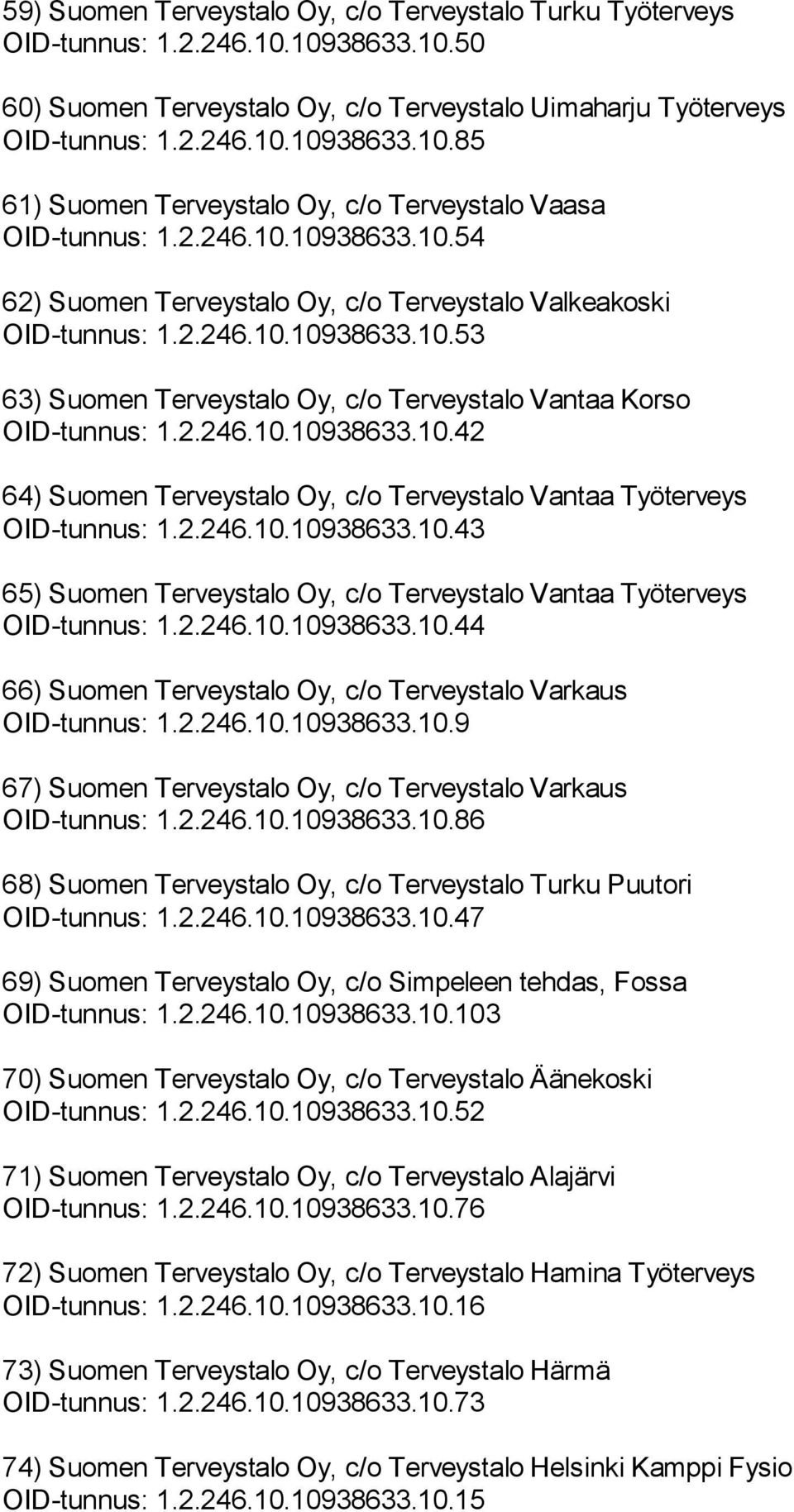 2.246.10.10938633.10.43 65) Suomen Terveystalo Oy, c/o Terveystalo Vantaa Työterveys OID-tunnus: 1.2.246.10.10938633.10.44 66) Suomen Terveystalo Oy, c/o Terveystalo Varkaus OID-tunnus: 1.2.246.10.10938633.10.9 67) Suomen Terveystalo Oy, c/o Terveystalo Varkaus OID-tunnus: 1.