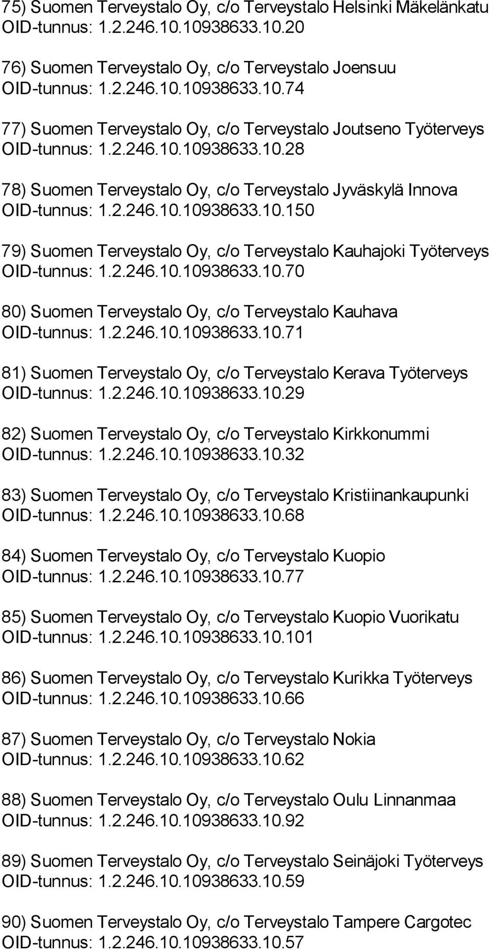 2.246.10.10938633.10.70 80) Suomen Terveystalo Oy, c/o Terveystalo Kauhava OID-tunnus: 1.2.246.10.10938633.10.71 81) Suomen Terveystalo Oy, c/o Terveystalo Kerava Työterveys OID-tunnus: 1.2.246.10.10938633.10.29 82) Suomen Terveystalo Oy, c/o Terveystalo Kirkkonummi OID-tunnus: 1.