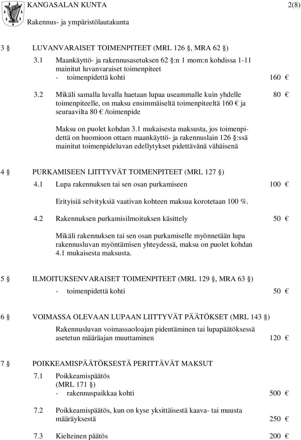 1 mukaisesta maksusta, jos toimenpidettä on huomioon ottaen maankäyttö- ja rakennuslain 126 :ssä mainitut toimenpideluvan edellytykset pidettävänä vähäisenä 4 PURKAMISEEN LIITTYVÄT TOIMENPITEET (MRL