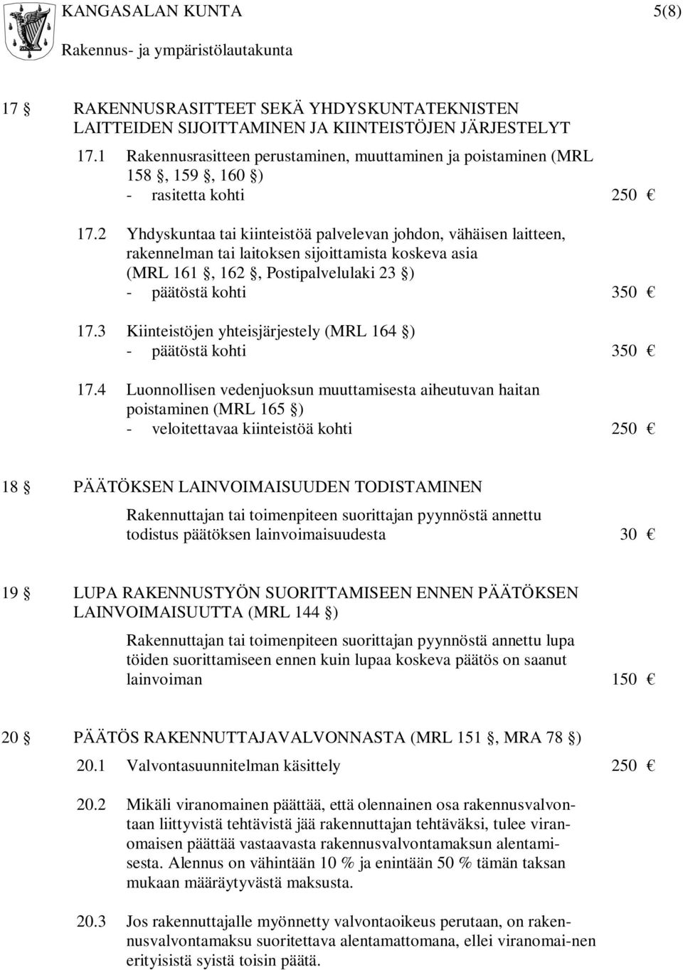 2 Yhdyskuntaa tai kiinteistöä palvelevan johdon, vähäisen laitteen, rakennelman tai laitoksen sijoittamista koskeva asia (MRL 161, 162, Postipalvelulaki 23 ) - päätöstä kohti 350 17.