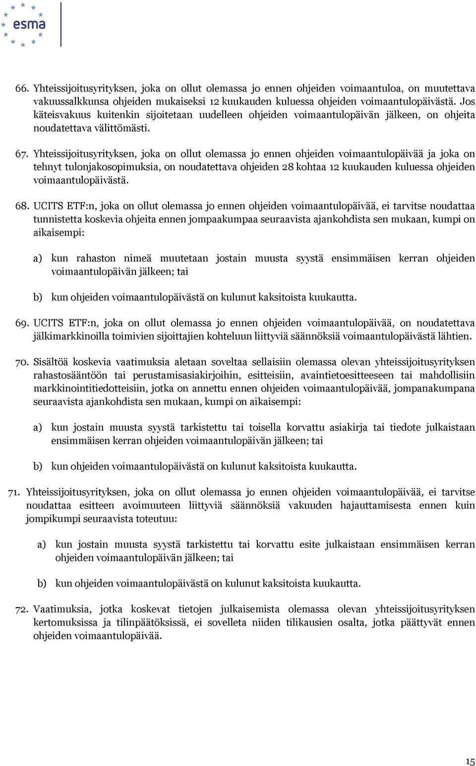 Yhteissijoitusyrityksen, joka on ollut olemassa jo ennen ohjeiden voimaantulopäivää ja joka on tehnyt tulonjakosopimuksia, on noudatettava ohjeiden 28 kohtaa 12 kuukauden kuluessa ohjeiden