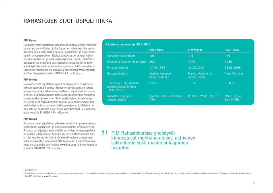 Sijoituspäätösten perusteluissa etusijalla ovat osakekohtaiset tekijät ja toimialaa käytetään mahdollisena toissijaisena päätösperusteena. Lisätietoa rahastosta on saatavilla osoitteessa www.fim.