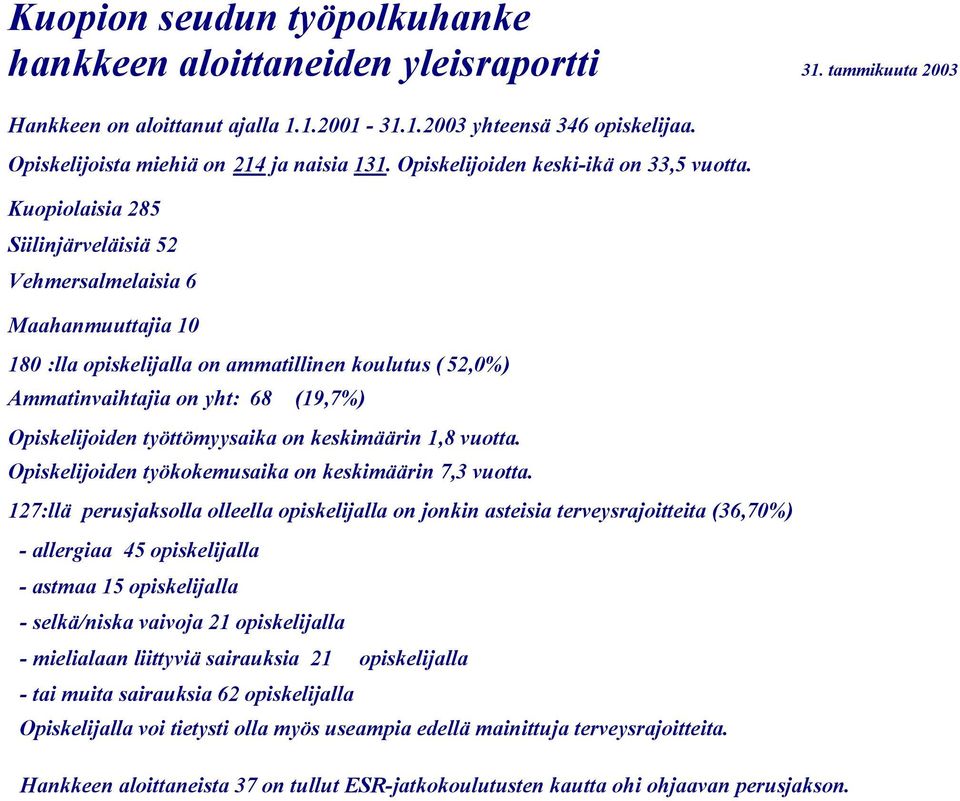 Kuopiolaisia 285 Siilinjärveläisiä 52 Vehmersalmelaisia 6 Maahanmuuttajia 10 180 :lla opiskelijalla on ammatillinen koulutus ( 52,0%) Ammatinvaihtajia on yht: 68 (19,7%) Opiskelijoiden työttömyysaika