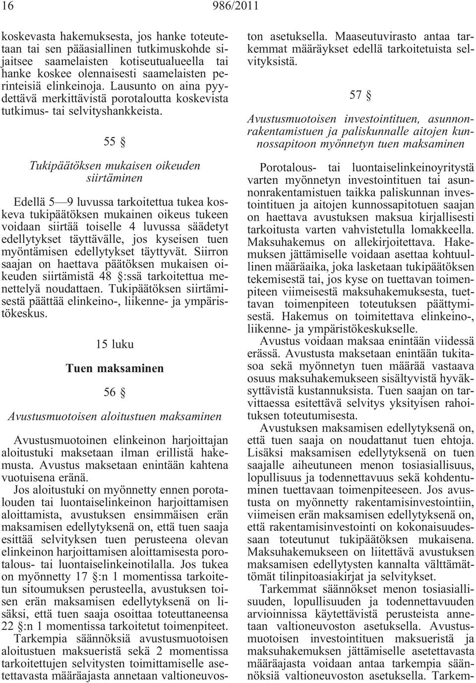 55 Tukipäätöksen mukaisen oikeuden siirtäminen Edellä 5 9 luvussa tarkoitettua tukea koskeva tukipäätöksen mukainen oikeus tukeen voidaan siirtää toiselle 4 luvussa säädetyt edellytykset täyttävälle,