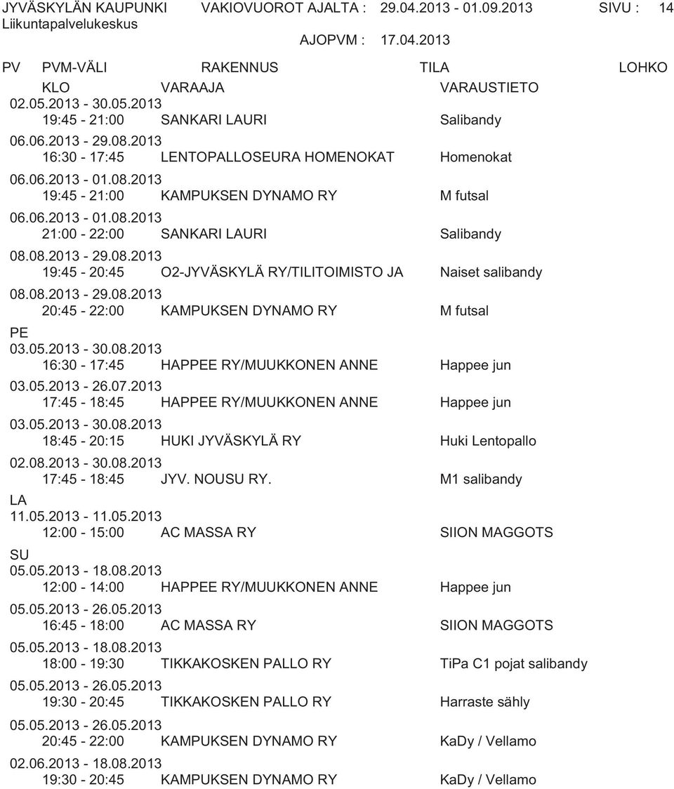 08.2013-29.08.2013 20:45-22:00 KAMPUKSEN DYNAMO RY M futsal PE 03.05.2013-30.08.2013 16:30-17:45 HAPPEE RY/MUUKKONEN ANNE Happee jun 03.05.2013-26.07.