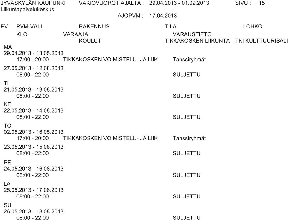 05.2013-14.08.2013 08:00-22:00 SULJETTU 02.05.2013-16.05.2013 17:00-20:00 KKAKOSN VOIMISTELU- JA LIIK Tanssiryhmät 23.05.2013-15.08.2013 08:00-22:00 SULJETTU PE 24.