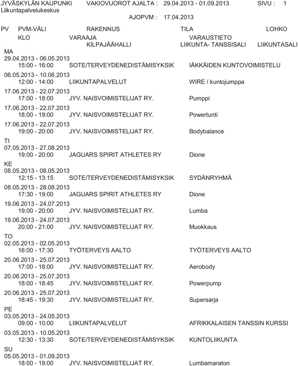 Pumppi 17.06.2013-22.07.2013 18:00-19:00 JYV. NAISVOIMISTELIJAT RY. Powertunti 17.06.2013-22.07.2013 19:00-20:00 JYV. NAISVOIMISTELIJAT RY. Bodybalance 19:00-20:00 JAGUARS SPIRIT ATHLETES RY Dione 08.