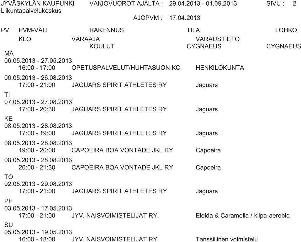 2013 17:00-21:00 JAGUARS SPIRIT ATHLETES RY Jaguars 17:00-20:30 JAGUARS SPIRIT ATHLETES RY Jaguars 17:00-19:00 JAGUARS SPIRIT ATHLETES RY Jaguars 19:00-20:00 CAPOEIRA