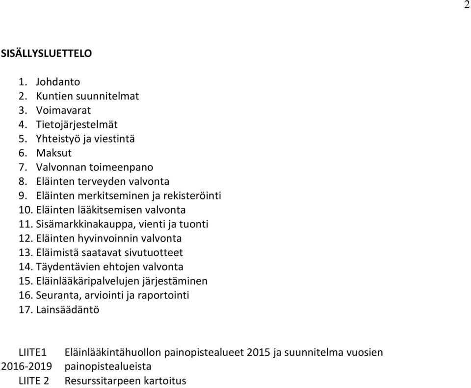 Eläinten hyvinvoinnin valvonta 13. Eläimistä saatavat sivutuotteet 14. Täydentävien ehtojen valvonta 15. Eläinlääkäripalvelujen järjestäminen 16.